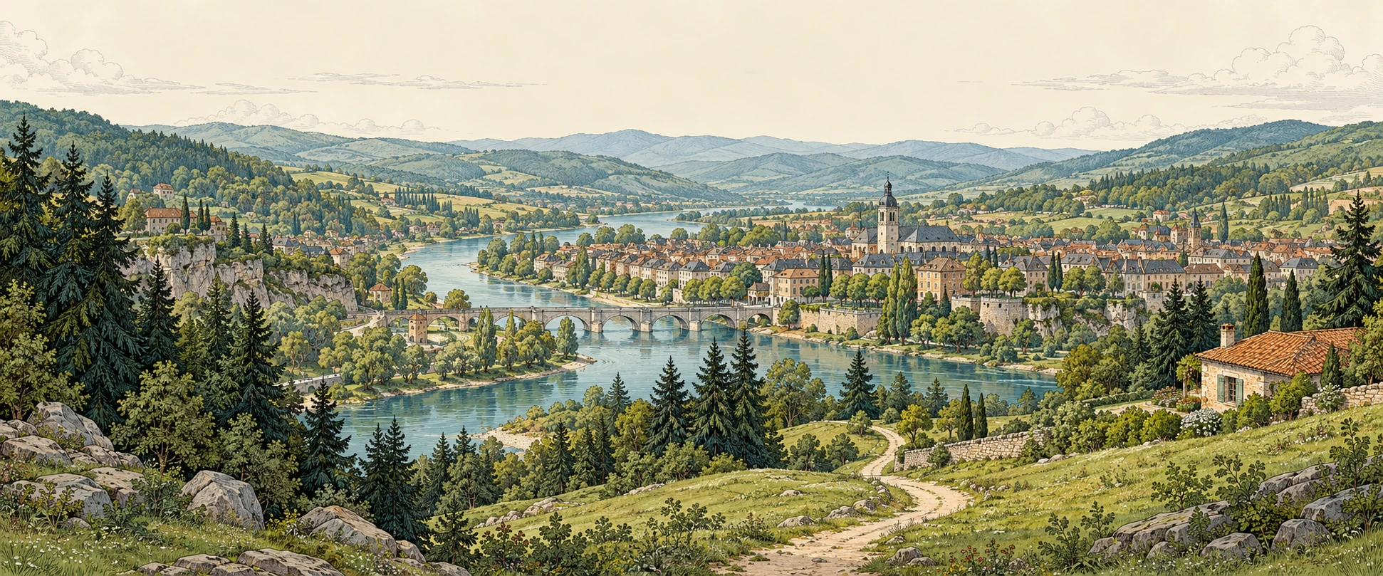 An illustrated river valley, with a footpath winding toward a small town and a stone bridge